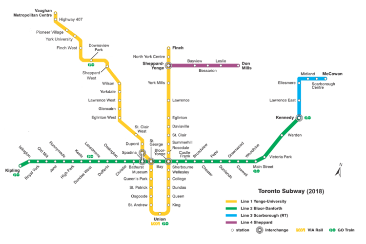 Mapa metra a systému RT v Toronte