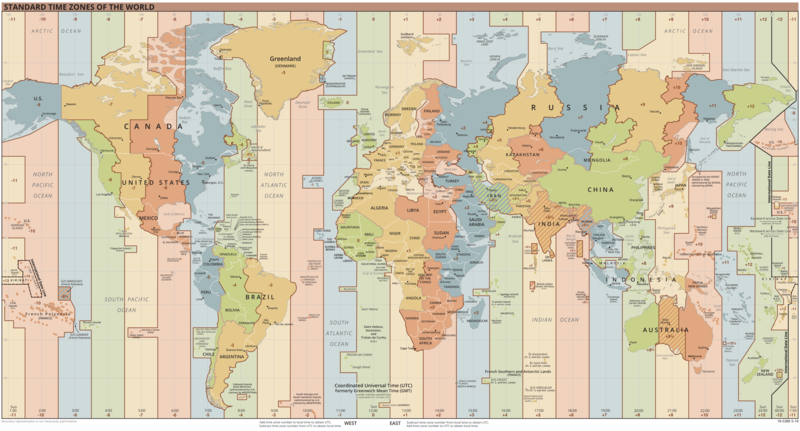 Carte des fuseaux horaires standard, au 21 août 1988
