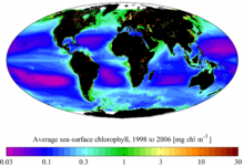 SeaWiFS-afledt gennemsnitlig klorofyl i havoverfladen for perioden 1998-2006.  