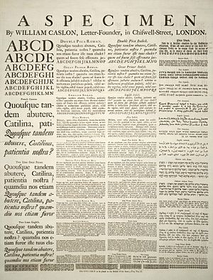 Μια εκτυπωμένη σελίδα με διαφορετικά αλφάβητα, γραμματοσειρές και μεγέθη. Αυτή είναι από το 1728