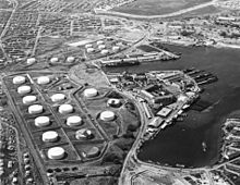 The submarine base with the fuel tanks next to it
