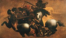 Dies ist möglicherweise eine Kopie von Leonardos Werk Die Schlacht von Anghiari, das gemalt, aber nicht vollendet wurde.