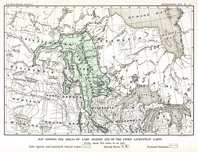 Raná mapa rozlohy jezera Agassiz ve střední části Severní Ameriky od geologa Warrena Uphama z 19. století. Oblasti pokryté jezerem byly podstatně větší, než je zde znázorněno.  