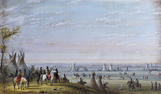 Un encuentro a orillas del río Green, en Wyoming, en 1847. Fue en ese encuentro donde Carson conoció a su primera esposa, Waanibe. (Alfred Jacob Miller, alrededor de 1847)