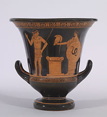 Duidelijk een artistiek en praktisch werk: Griekse roodfigurige vaas in kratervorm, tussen 470 en 460 v.C., van de Altamura Schilder