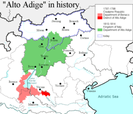 "Alto Adige" în istorie: în roșu în timpul Republicii Cisalpine, în verde în timpul Regatului Napoleonic al Italiei și în albastru în prezent.