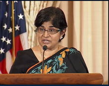 Ambiga Sreenevasan spreekt tijdens de uitreiking van de International Women of Courage Awards in 2009.  