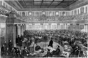 Kujutis president Andrew Johnsoni süüdimõistmise kohtuprotsessist 1868. aastal, kohtunik Salmon P. Chase'i juhatusel.