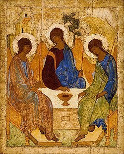 Venäläisen taiteilijan Andrei Rublevin kolminaisuutta kuvaava ikoni 1400-luvulla.  