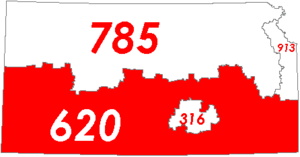 Map of Kansas with area code 620 in red