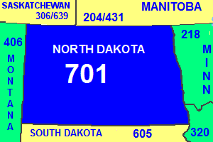 Map of North Dakota area code in blue (with border states and provinces)