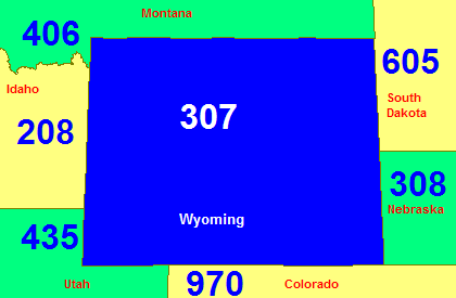 Map of Wyoming showing its area code in blue (with border states)