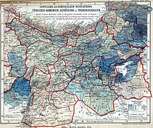 Kartta, jossa näkyy itäisten ottomaanien maakuntien armenialainen (värillisinä) ja kristitty (tummennettuina) väestö vuonna 1896. Alueilla, joilla kristittyjen osuus oli suurempi kuin armenialaisten, ei-armenialainen kristitty väestö koostui suurelta osin assyrialaisista (paitsi ottomaanien kreikkalaisten asuttamilla alueilla). Assyrialaiset asuivat enimmäkseen alueen etelä- ja kaakkoisosissa.  