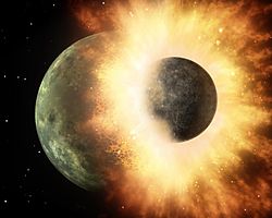 Illustrazione di un oggetto delle dimensioni della Luna che si scontra con un pianeta