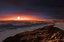 Impresie a suprafeței lui Proxima Centauri b. Sistemul Alpha Centauri poate fi văzut ca două stele mici pe cer.  