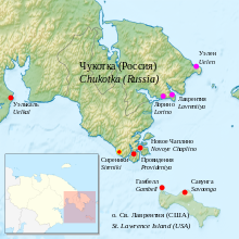 Mapa dwóch największych dialektów jupików na Syberii: Central Siberian Yupik - czerwony, Naukan Yupik - fioletowy.