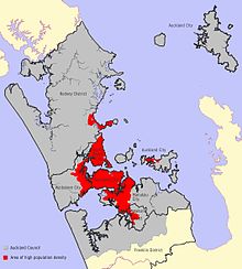 Map section of the urban area of the Auckland Council (shown in grey, red with high population density)