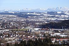 View from the nearby Mariaberg, in the background Wetterstein mountains, with Zugspitze (right)