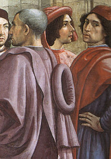 "Selvportræt", fra venstre: David Ghirlandaio, Bastiano eller Sebastiano Mainardi og Domenico Ghirlandaio
