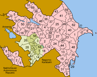 Mapa das divisões administrativas do Azerbaijão. Observe que as divisões do Nakhchivan estão listadas separadamente.