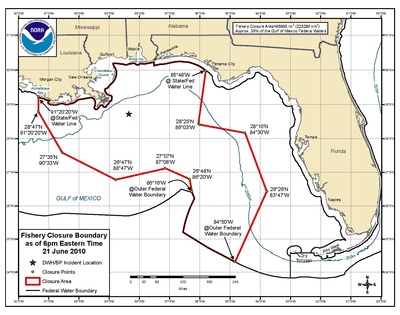 Maksymalny obszar wód federalnych zamkniętych dla połowów po wycieku ropy z platformy Deepwater Horizon, 2010 r.
