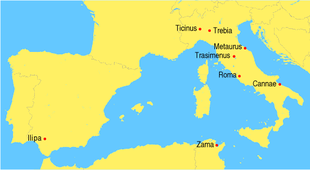 Map with the location of the ancient city of Zama Major (Zama Regia, at the bottom) and other battles