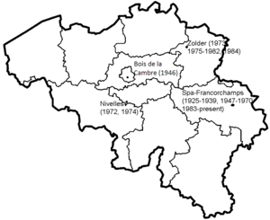 Een kaart van alle locaties waar de Grand Prix van België werd gehouden
