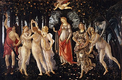 Primavera (1478): icoon van de lentevernieuwing van de Florentijnse Renaissance. Het schilderij hangt ook in de Medici villa in Castello, als een soort pendant van de Geboorte van Venus. Van links naar rechts: Mercurius, de Drie Gratiën, Venus, Flora, Chloris, Zephyrus. Merk op dat de Venusfiguur in het midden lijkt op een madonna, vandaar de neoplatoonse versmelting van heidens en christelijk, maar de gezichten zijn echte portretten: de Genade rechts is bijvoorbeeld Caterina Sforza. Hoewel relatief weinig van Botticelli's mythologische schilderijen bewaard zijn gebleven, is Primavera het toonbeeld van zijn gebruik van de klassieke mythologie als vehikel om de sentimenten te illustreren die eigenlijk voortkomen uit de middeleeuwse hoofse liefde. (Het boek van Jean Seznec over het voortbestaan en nieuwe gebruik van de heidense Oudheid in de Renaissance onderzoekt deze thema's). Primavera kan ook worden gelezen als politieke allegorie: Liefde (Amor) zou Rome zijn ("Roma" in het Italiaans); de drie Gratiën Pisa, Napels en Genua; Mercurius Milaan; Flora Florence; Mei Mantua; Cloris en Boreas Venetië en Bozen-Bolzano (of Arezzo en Forlì).  