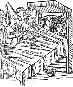 "Wye reymont vnd melusina zusamen wurdent geleit /Vnd vom bischoff gesegenet wurdent in dem bett " High German: "Wie Reymont und Melusina verlobt /Und vom Bischof gesegnet wurden in ihrem Hochzeitsbett" (satirical woodcut from the book Schöne Melusine, Johann Bämler, 1474)