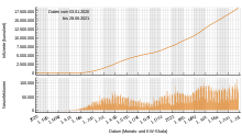 Confirmed infected persons in Brazil according to WHO data; top cumulative, bottom daily values.