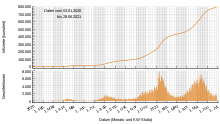 Confirmed infected persons in Japan according to WHO data; top cumulative, bottom daily values.