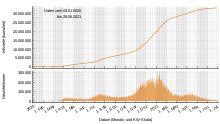 Confirmed infected persons in the United States according to WHO data; top cumulative, bottom daily values.