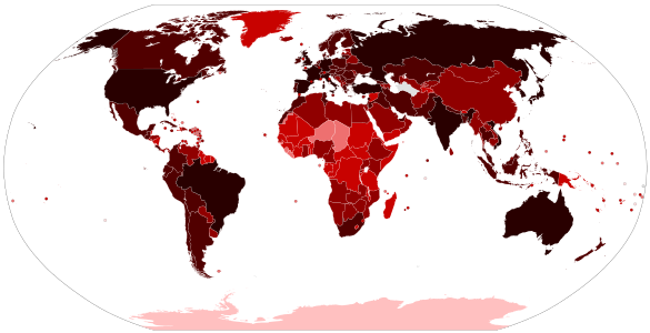 Map of the 2019вЂ“20 COVID-19 outbreak   100,000+ confirmed cases   10,000вЂ“99,999 confirmed cases   1,000вЂ“9,999 confirmed cases   100вЂ“999 confirmed cases   10вЂ“99 confirmed cases   1вЂ“9 confirmed cases   No confirmed cases, no population, or no data available