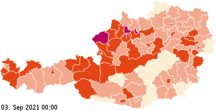 7-day incidence: confirmed new cases per 100,000 inhabitants in seven days by district (see also case definition) Status: see Fig. ≤0000 > 0000 to 050 > 0050 to 100 > 0100 to 200 > 0200 to 400 > 0400