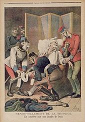 A French cartoon on the alleged weakness of the Triple Alliance. The German and Austro-Hungarian allies must come to the aid of weakening Italy