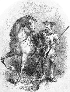 El montañés Kit Carson y su caballo favorito, el Apache, de La vida y las aventuras de Kit Carson, el náufrago de las Montañas Rocosas, de De Witt C. Peters. El libro fue la primera biografía de Carson y se imprimió en 1858.