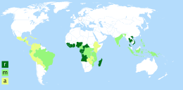 Coffee growing areas of the 14 largest coffee producers in the world: r - robusta, a - arabica, m - mixed