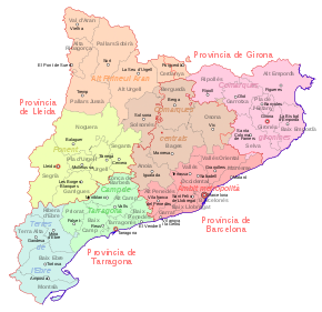 Division of Catalonia into four provinces and the seven territories (àmbits funcionals territorials) with the comarques. Provincial borders territories: Alt Pirineu i Aran Comarques gironines Comarques Centrals Àmbit Metropolità de Barcelona Ponent Camp de Tarragona Terres de l'Ebre