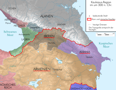 Kaukaska Albania (obecny Azerbejdżan) była wasalem Imperium Rzymskiego około 300 roku n.e. (wewnątrz czerwonej linii "państwa wasalne" Rzymu: Albania, Iberia i Armenia)