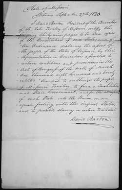 Missouri 1. põhiseaduse kinnitamine, mille allkirjastas osariigi konvendi president David Barton, 1820