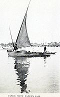 1922 m. kanoja su išskleista "leg-o-mutton" burėmis, dažnai painiojama su "lateen rig".