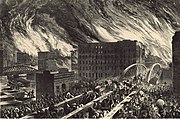 Een tekening van de grote brand in Chicago, 1871
