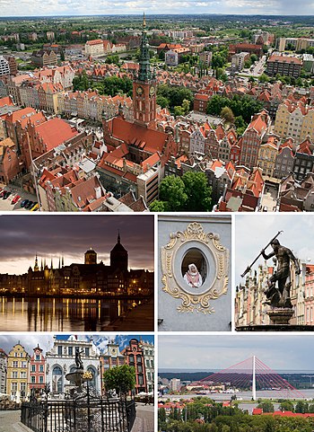 (1) View from St. Mary's Church to the Rechtstädtisches Rathaus and Langgasse, (2) View from Motława to the city, (3) The lady from the window, (4) Neptune's Fountain, (5) Arthur's Court with Neptune's Fountain, (6) Pope John Paul II Bridge.
