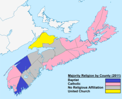 Většinové náboženství v Nova Scotia podle okresu