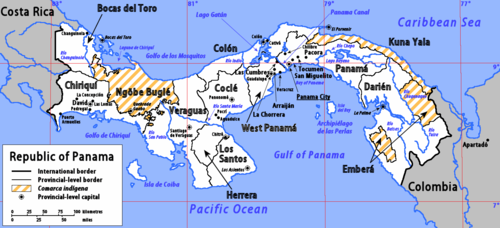 Een kaart van Panama met de tien provincies en drie provinciale comarcas indígenas (inheemse regio's).