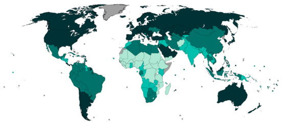 Mapa mundial que indica las categorías del Índice de Desarrollo Humano por países (basado en datos de 2019, publicados el 15 de diciembre de 2020). Muy alto Alta Medio Bajo Datos no disponibles