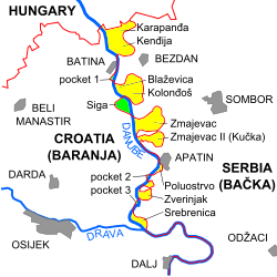 Det territorium som Liberland gör anspråk på ligger på det största grönfärgade landområdet, markerat som "Siga" på kartan. På grund av skillnader i gränsdefinitionerna gör både Serbien och Kroatien anspråk på de gulfärgade delarna i öster. Kroatien hävdar att de gröna delarna är en del av Serbien, men Serbien gör inte anspråk på dem. Detta fick Jedlička att hävda att de gröna delarna har förblivit opåverkade av båda sidor.