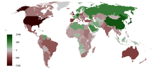 Cumulative current account balances 1980 to 2008: green = positive, red = negative, grey = no data.