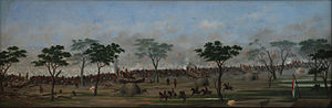 Angriff auf die Stellungen bei Curupaytí. Das Bild (entstanden Ende der 1890er Jahre) zeigt die Schlacht aus der Perspektive der paraguayischen Verteidiger.