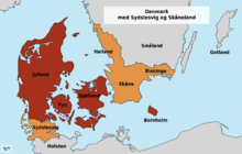 Dzisiejsza Dania oraz byłe duńskie prowincje Szlezwik Południowy, Skania, Halland i Blekinge.